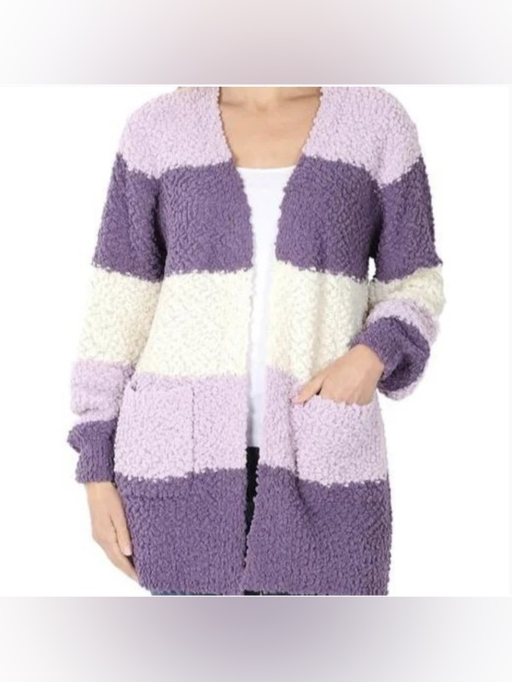 Zenana Outfitters Lavender & Cream Striped Open-Front Popcorn Cardigan